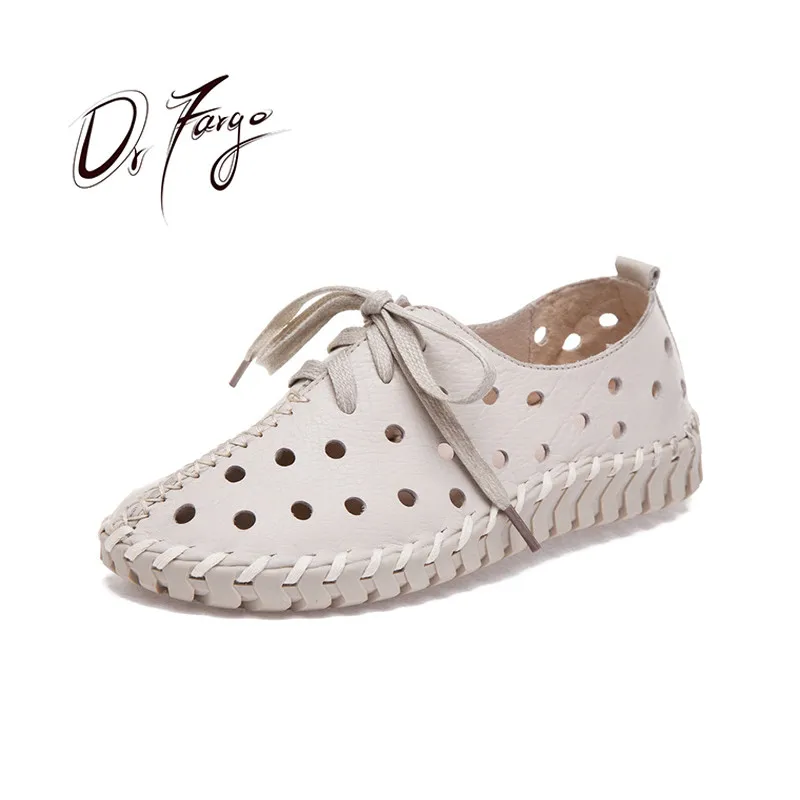 DRFARGO Summer Shoes Women Genuine Leather Loafers Hollow cutout Breathable Holes Soft Femme Chaussure Lace up Shoes 35-41 1605
