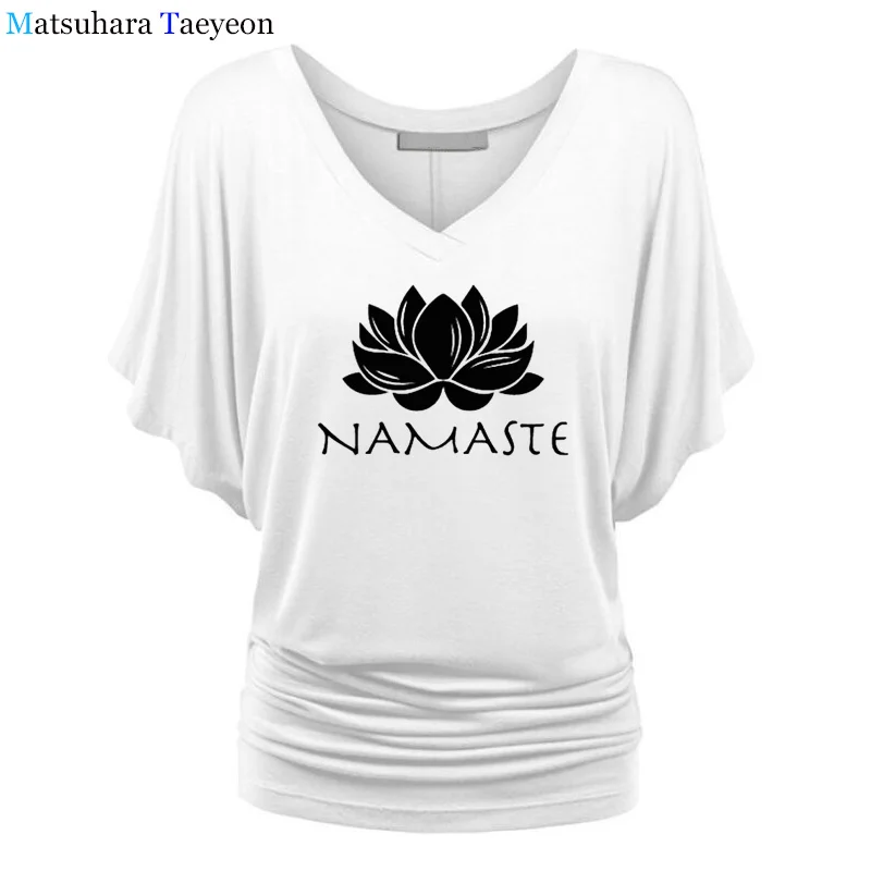 Модная женская одежда, футболка с принтом Namaste, женская футболка с рукавом «летучая мышь», женские топы, одежда, футболка, брендовая одежда для девочек - Цвет: 15