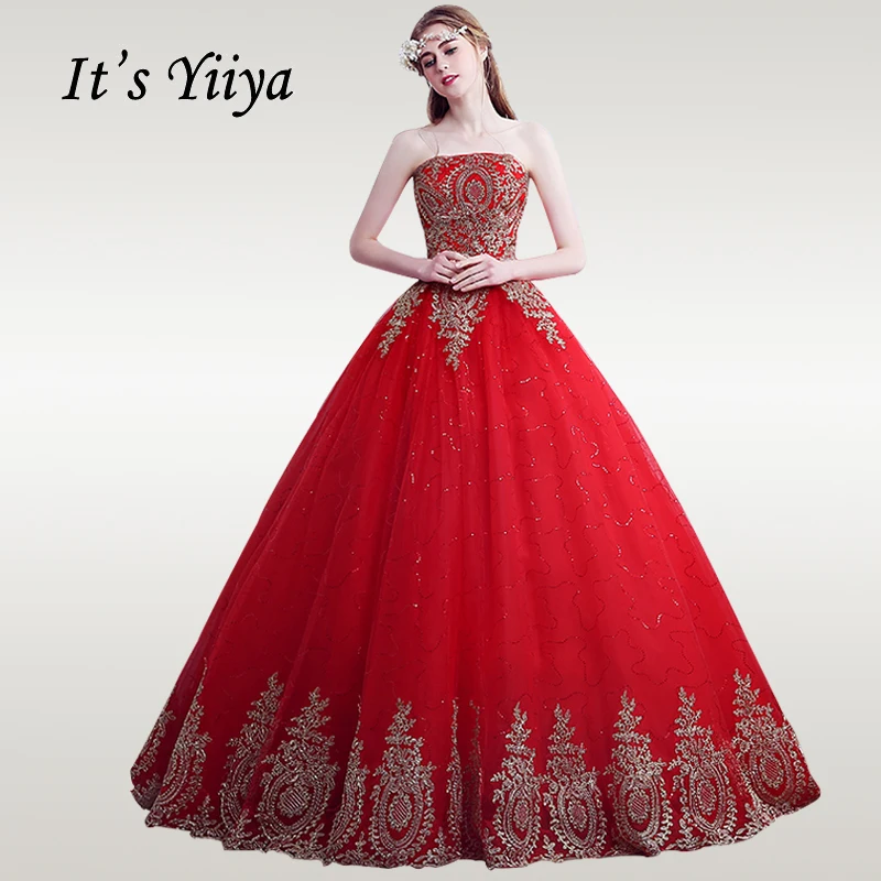 floor length Это Yiya свадебное платье Полный Золотой Кружева Свадебные платья без бретелей Плюс Размер без бретелек Vestido de novia XXN140 - Цвет: floor length