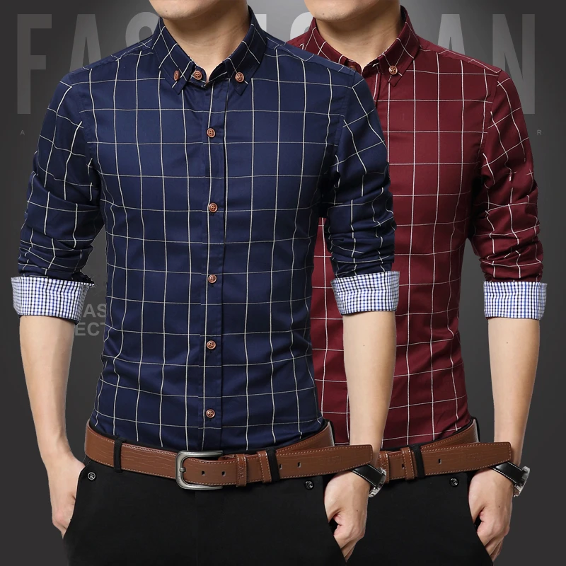 100% хлопок Рубашки в клетку Для мужчин рубашка Бизнес Slim Fit социальные рубашки Топ