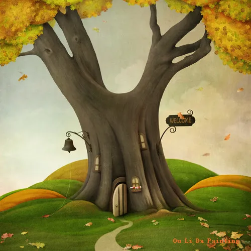 free shipping cartoon tree squirrels house oil painting canvas prints on kid room wall art decoration pictures | Дом и сад
