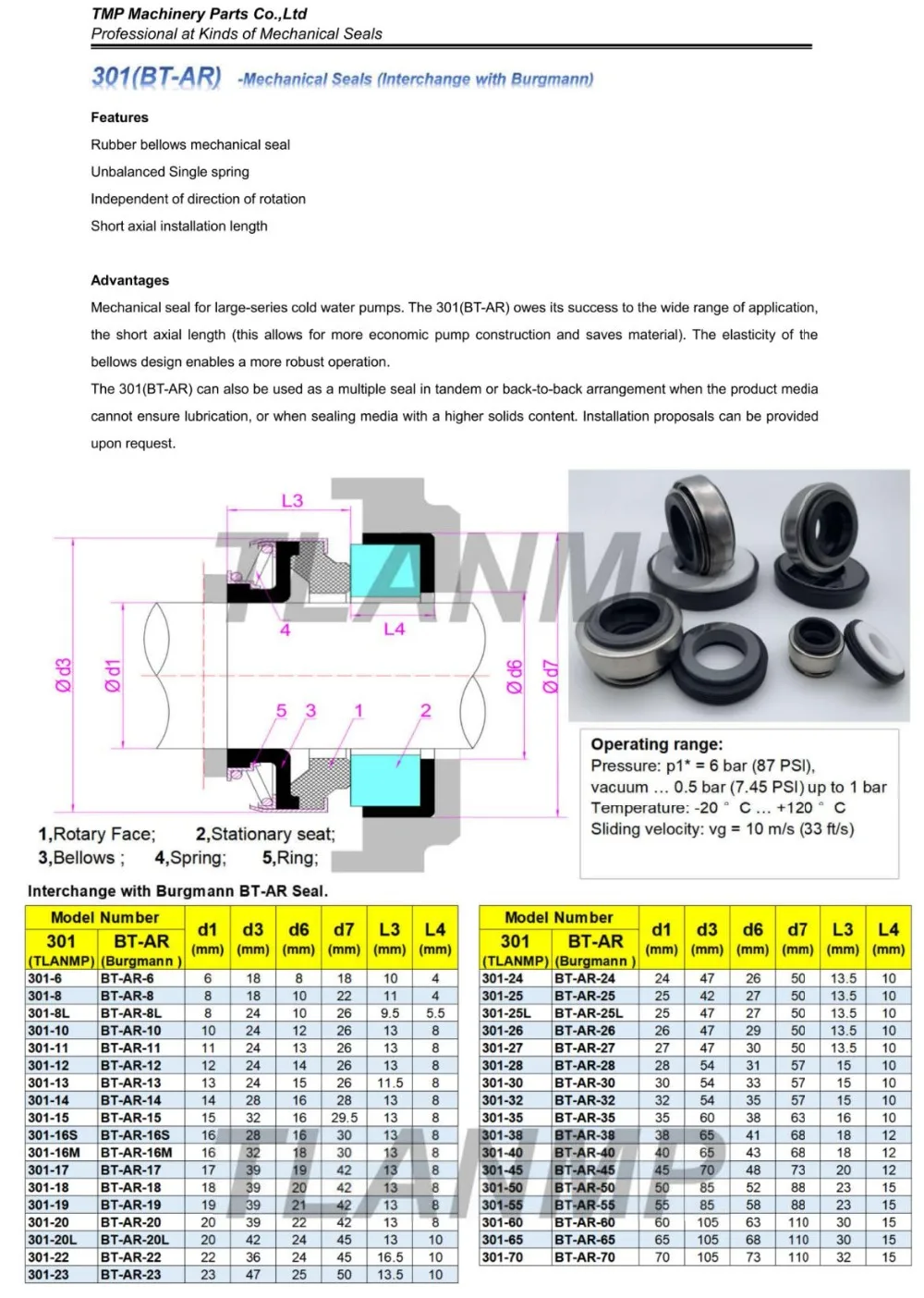 301-13(BT-AR-13) механические уплотнения для водяных насосов | эквивалент Burgmann BT-AR уплотнение(материал: углерод/керамика/NBR