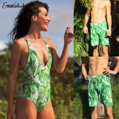 Новинка женский и мужской купальник бикини шорты с принтом листьев пуш-ап