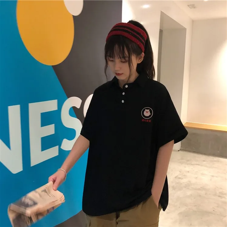 Для женщин PoloShirt Хлопок мультфильм милый свинья вышивка короткий рукав тенниски летние женские свободные Повседневное элегантный дизайн топы YT5027