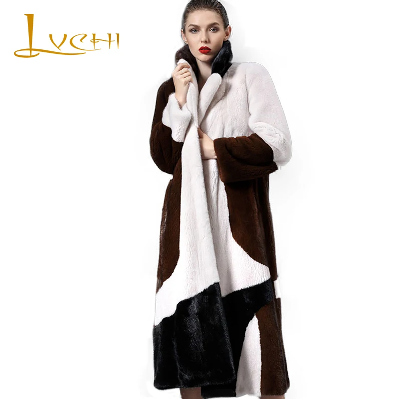 LVCHI Winter 2019 Import Mink Fur Coat Women's Long Sleeve Coat Patchwork Color Real Natural Fur X-Long Tassel Causal Mink Coats