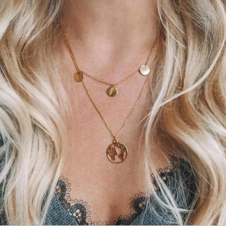 618 Global Map Double ChainsPendant Necklaces Women Statement Collar Necklace Mujeres Choker Bijoux Jewelry Gift N5103 | Украшения и