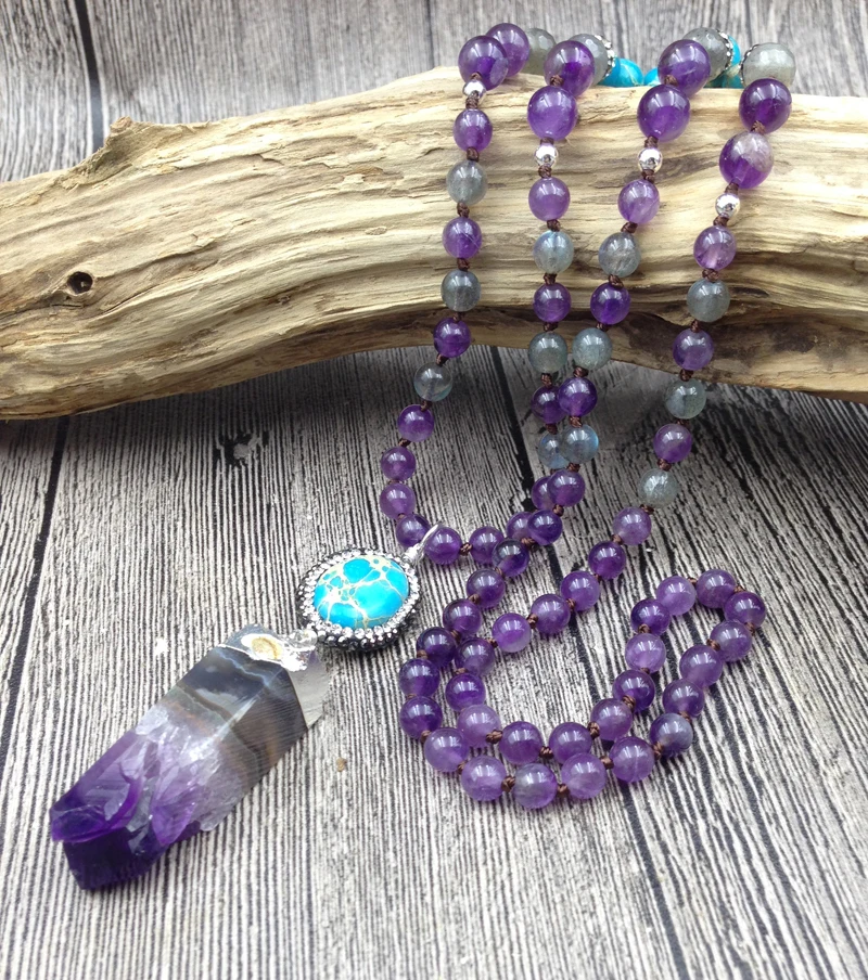 YA2742 108 Mala Beads ожерелье Amethys Druzy камень из осадочной породы кулон Knot Ручная работа