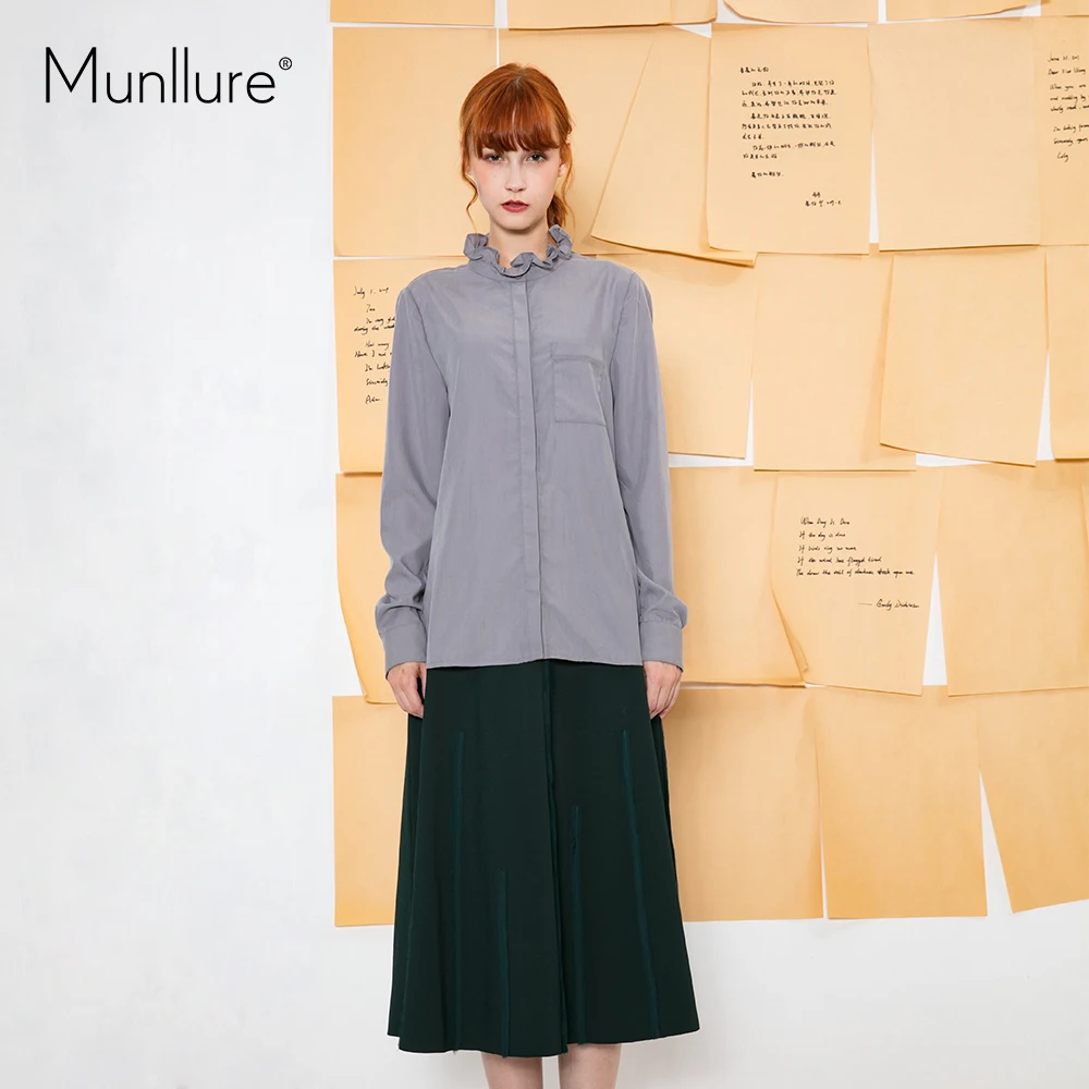 Munllure 2017 зимняя серая рубашка Для женщин блузка blusas Mujer Однотонная Офисные женские