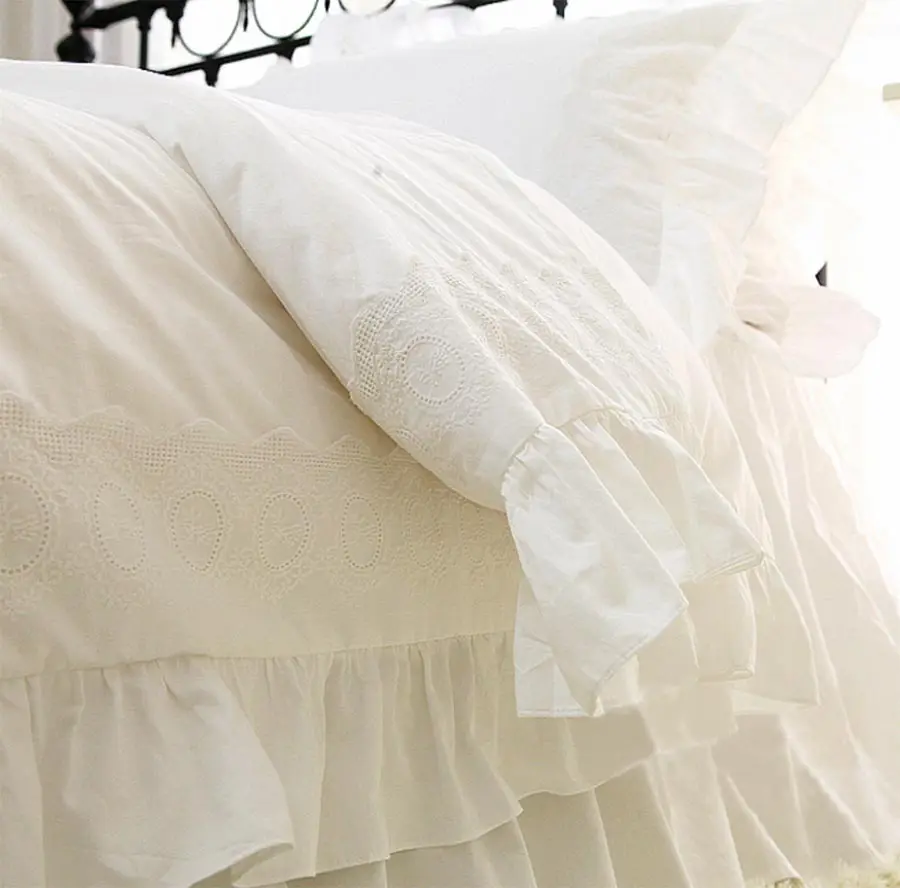 

White lace bedding set, twin full queen king cotton romantic wedding single double home textile bedspread pillowcase quilt cover