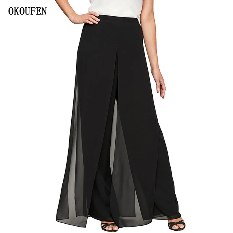 Plus Big Size Wide Leg Pants Mother of the Bride Pants Split Chiffon Black Wedding Custom Make Size and Color Madrinha