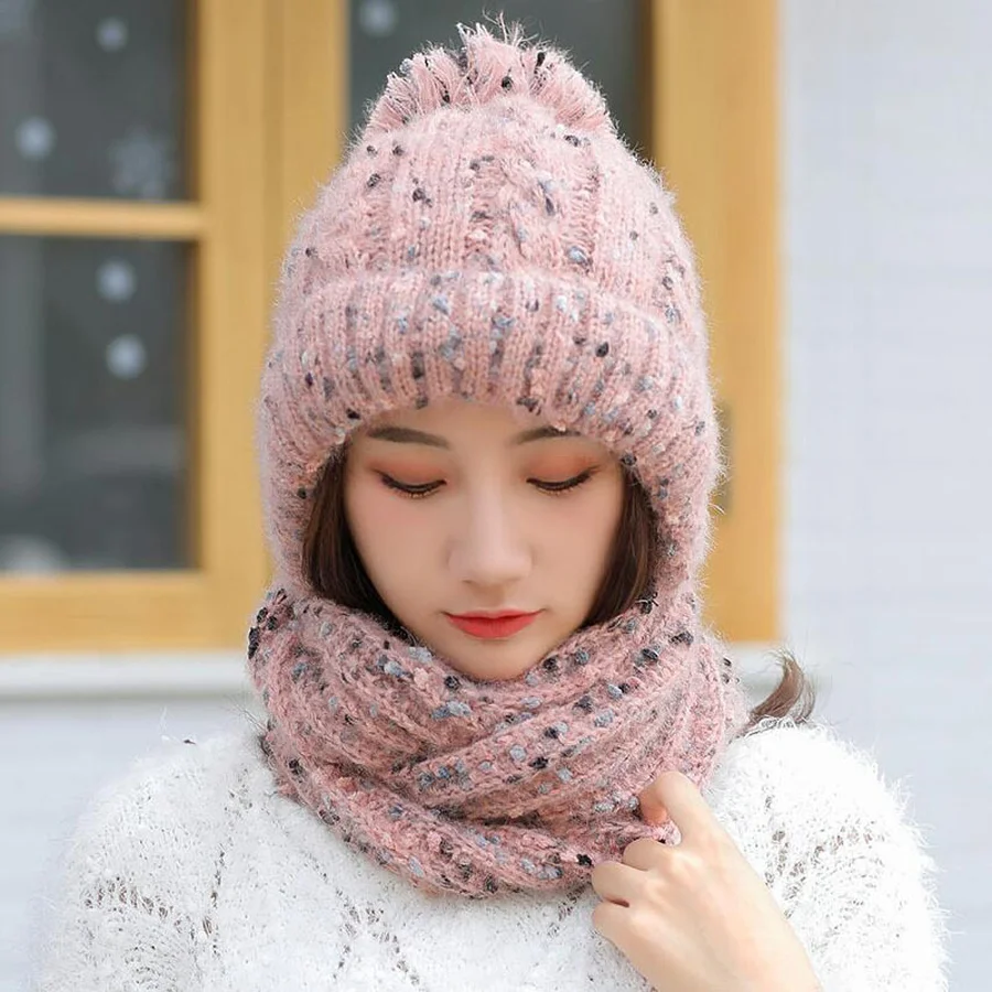 [Lakysilk] Для женщин зимняя шапка комплекты теплые модные однотонные вязаные