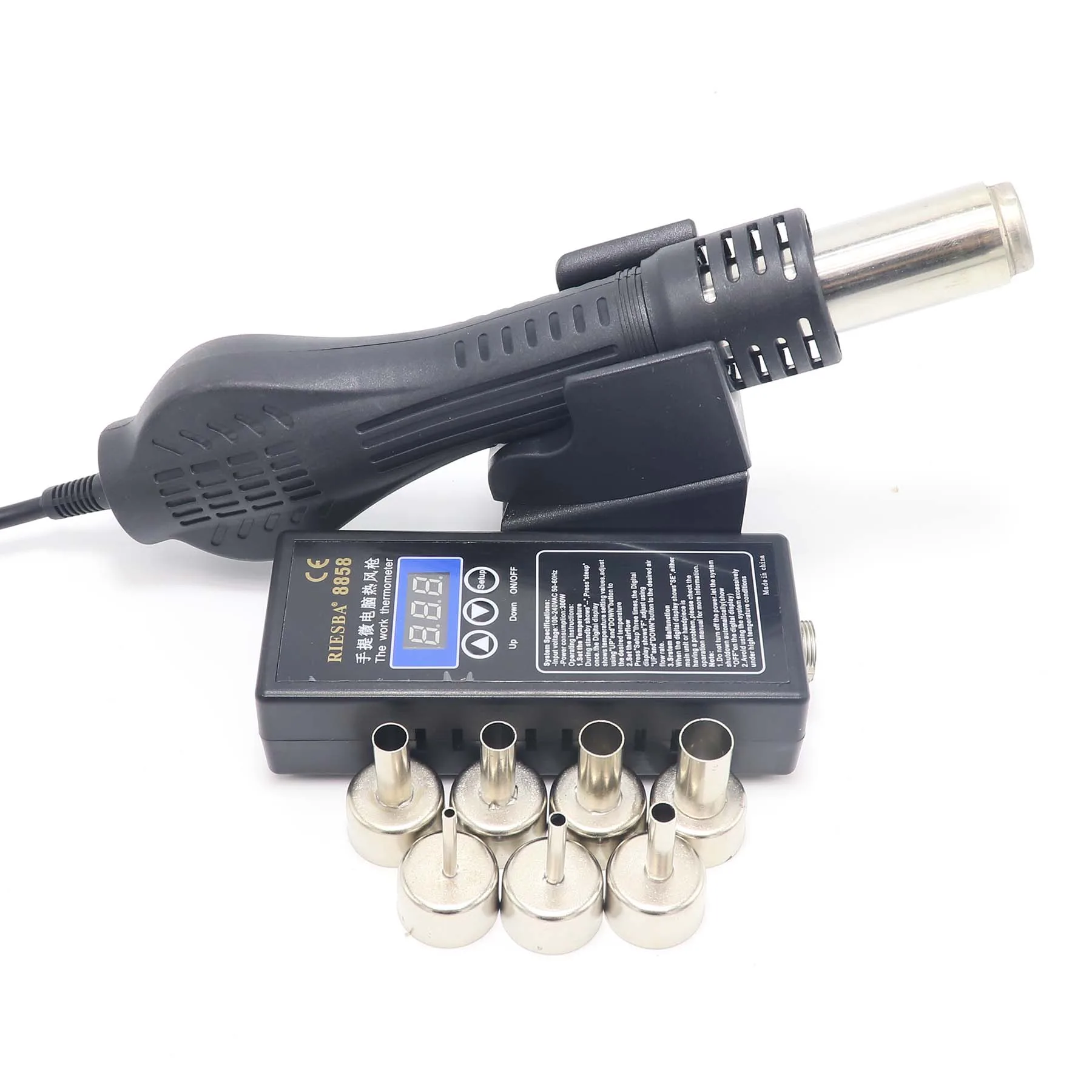 Package A RIESBA 220V Портативная паяльная станция BGA с горячим воздуходувкой, тепловая пушка 8858, лучшая ручная Тепловая пушка с 7 насадками - Цвет: Package A
