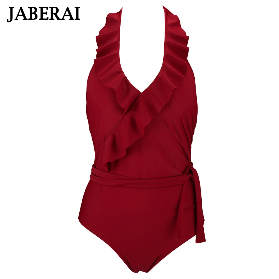 JABERAI Ретро Рюшами Одна деталь купальника Для женщин с лямкой на шее купальники
