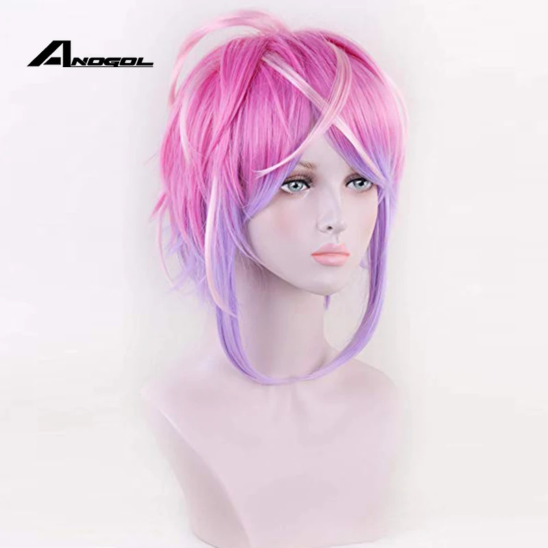 Anogol дивизион рэп битва гипноз микрофон Amemura короткие прямые розовый фиолетовый Синтетический Косплей парик для Хэллоуина костюм Ролевые игры