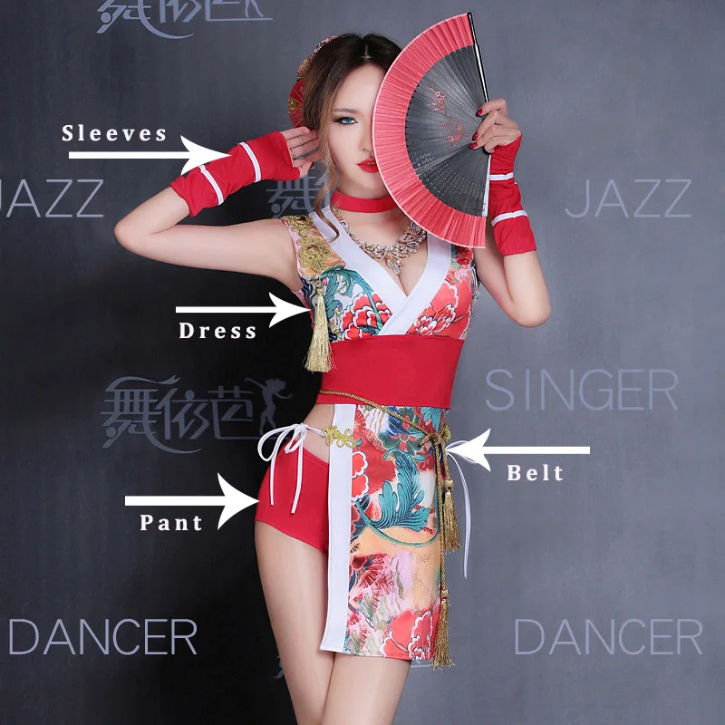 Suit Beautiful Nightclub Dress Women Cosplay Costumes Red Chinese Cheongsam Dress Bar DJ Costume Leading Dancer Stage Costume BL1909 - Color: Suit