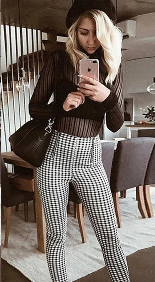 Black Fashion High Waist Elastic Harem Red Yellow Plaid Pants Women Casual Skinny Ankle-length Capris Pencil Pants Trouser - Color: Black