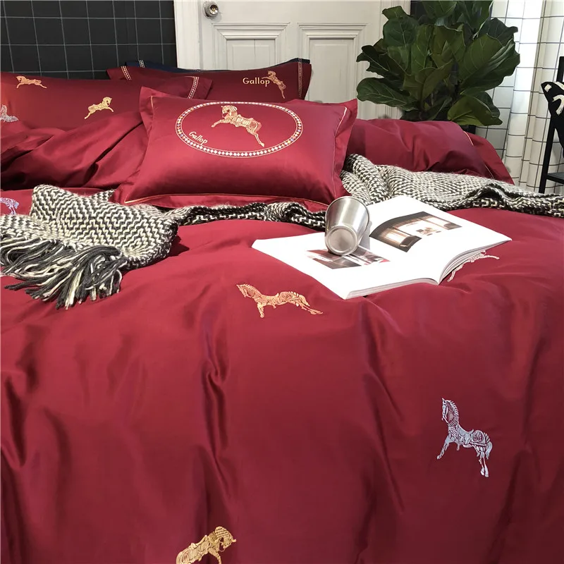 Luxury Egyptian Cotton Bedding Set Duvet Cover Sheet Pillowcase King Queen Size Embroidered horse Bed Linen for wedding | Дом и сад