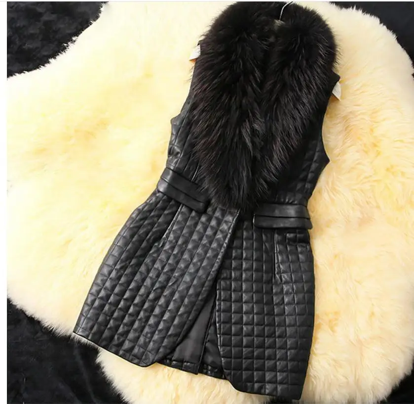 s/9XL Womens Spring Autumn Long Patchwork Pu Leather Vests Man-Made Fur Stitching Waistcoats Black Vest Coats Plus Size K222 | Женская