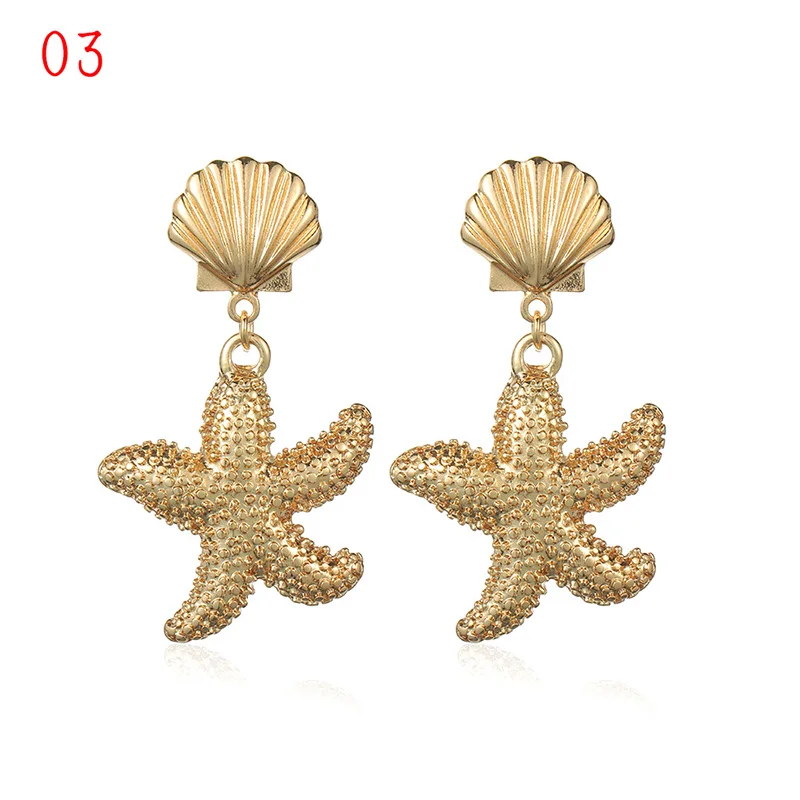 03 1Pair Summer Retro Fashion Shell Earrings Women Gold Color Geometric Irregular Starfish Conch Statement Jewelry Accessories - Окраска металла: 03