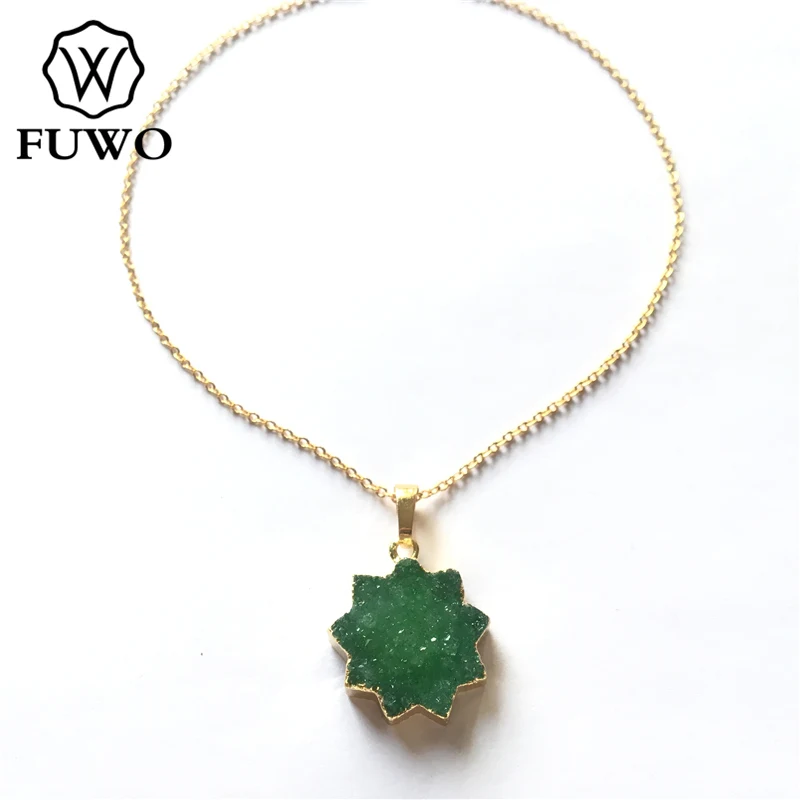 FUWO модная фиолетовая Друза фрагмент жеоды Цепочки и ожерелья с 24 K, покрыто золотом, латунь цепи высокое качество невыцветающий Богемия ювелирные изделия NC064