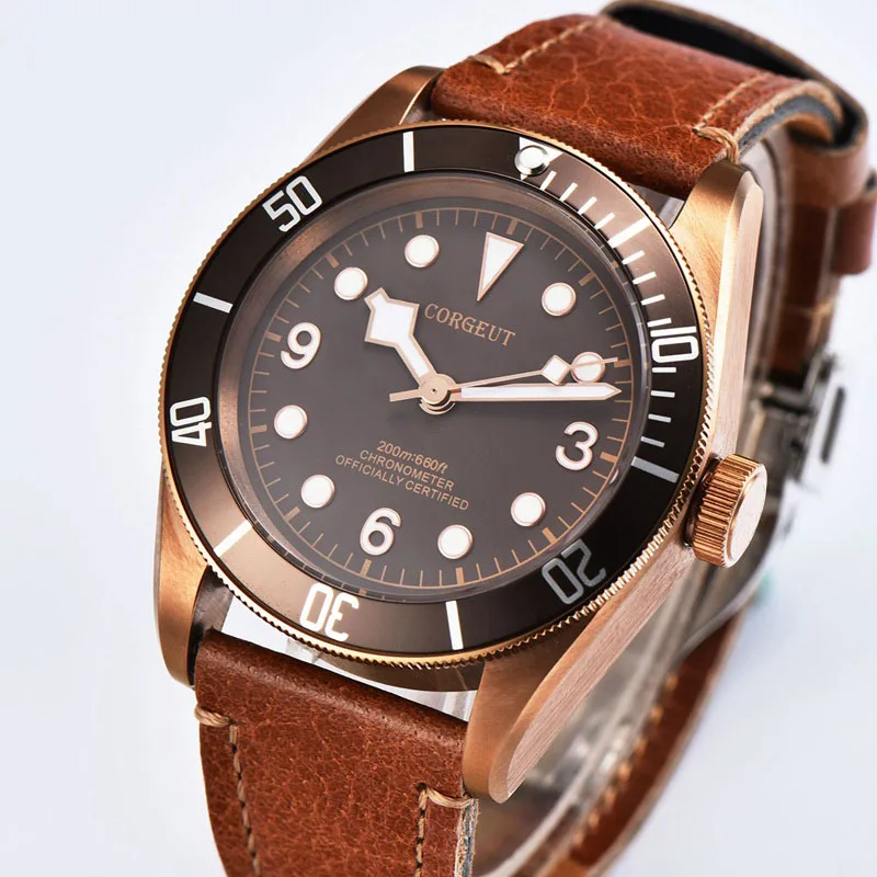 Corgeut 41 мм Мужские автоматические часы латунь PVD покрытием SS корпус кофе циферблат