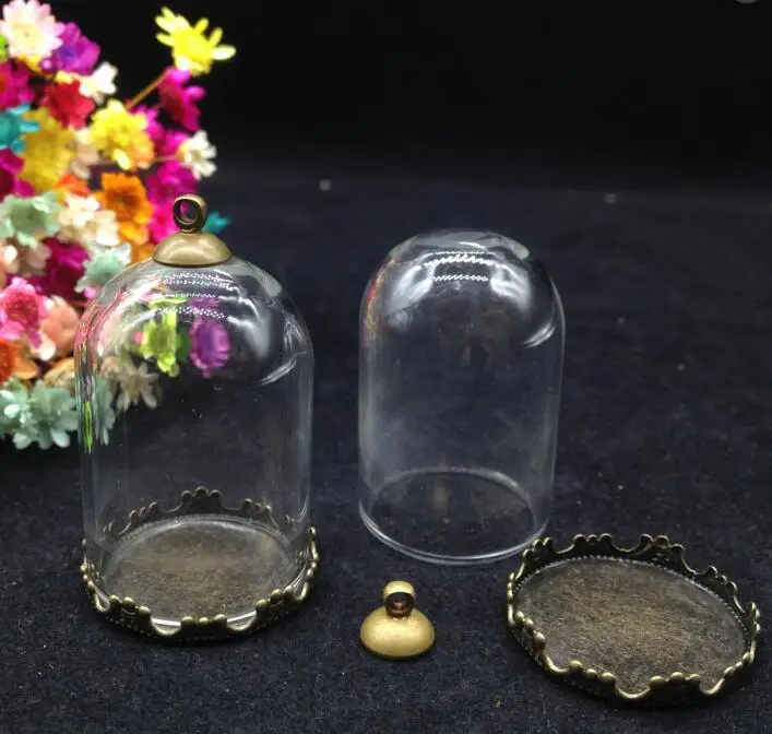 100sets/lot 38*25mm  tube shape glass globe bronze plated crown base beads 8mm cap glass vial pendant glass bottle accessories