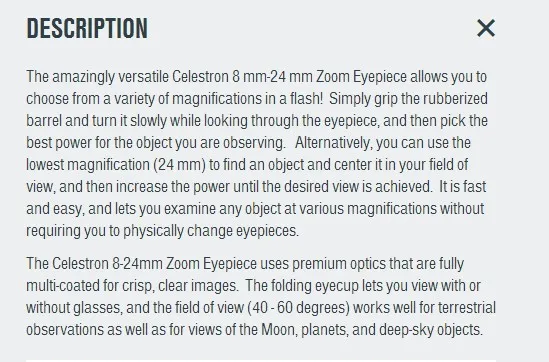 Окуляр телескопа Celestron 1,25 дюйма 8-24 мм с непрерывным зумом