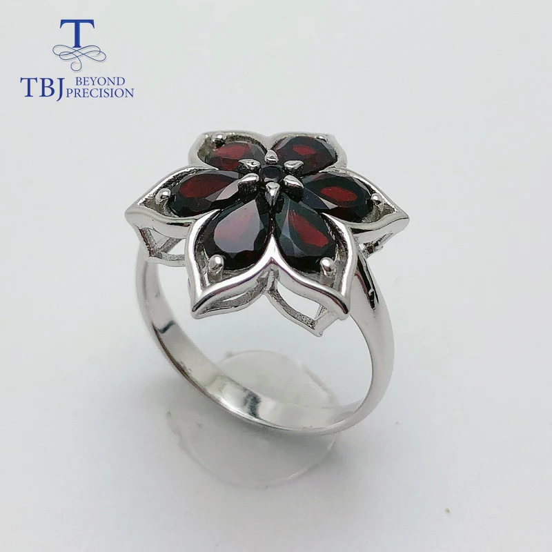 TBJ, натуральный драгоценный камень, Черный гранат, ювелирный набор, серебро 925 пробы, маленькая дизайнерская подвеска в виде цветка, серьги и кольцо, хорошее ювелирное изделие