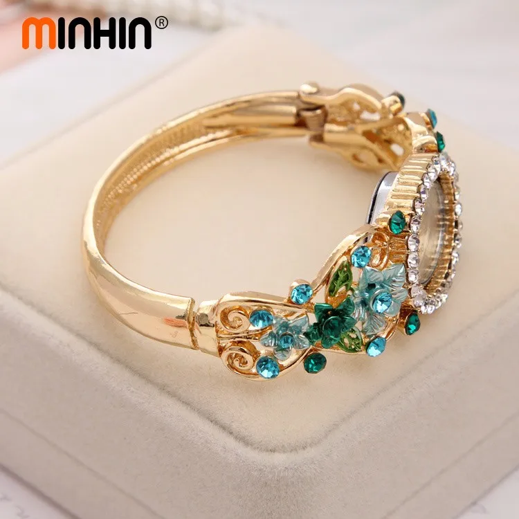 Бренд MINHIN, роскошные женские часы-браслет с цветком из кристаллов, прекрасный подарок для женщин, кварцевые часы, позолоченные наручные часы