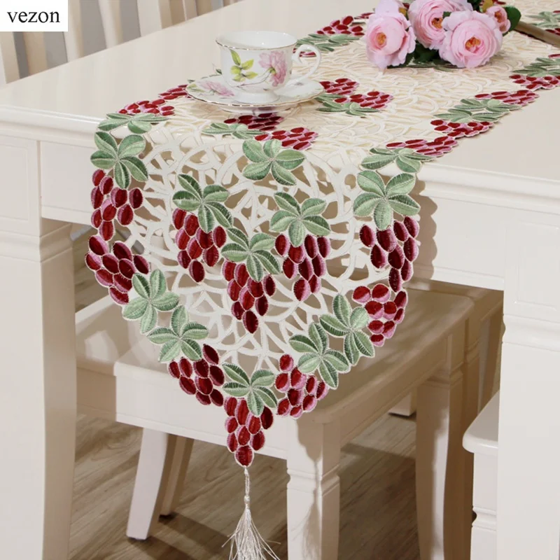 

vezon New Designer Elegant Floral Full Embroidery Table Runner Decoration Flag Runners Flowers Grapes Cutwork Embroidered Cloth