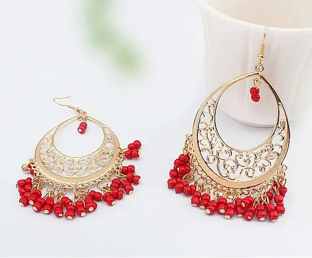 Этнические серьги богемные бусы полые эффектные индийские украшения винтажные