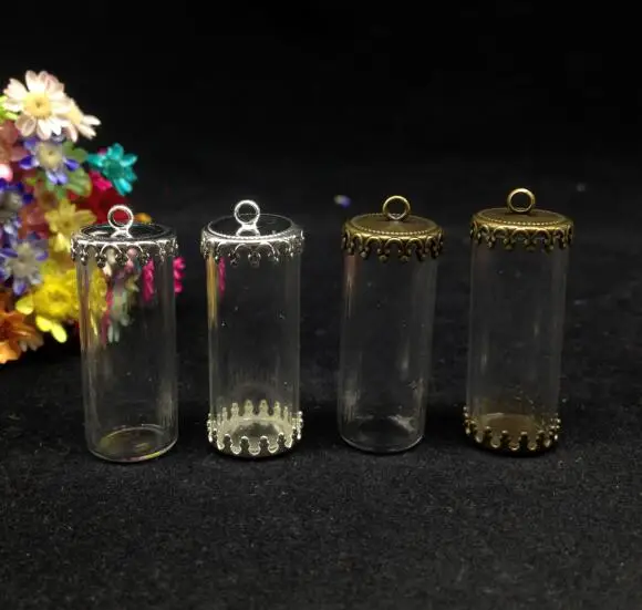 50pcs 28*12mm empty open jars tube shape glass vial pendant with crown base glass wishing bottle necklace glass vase cover dome