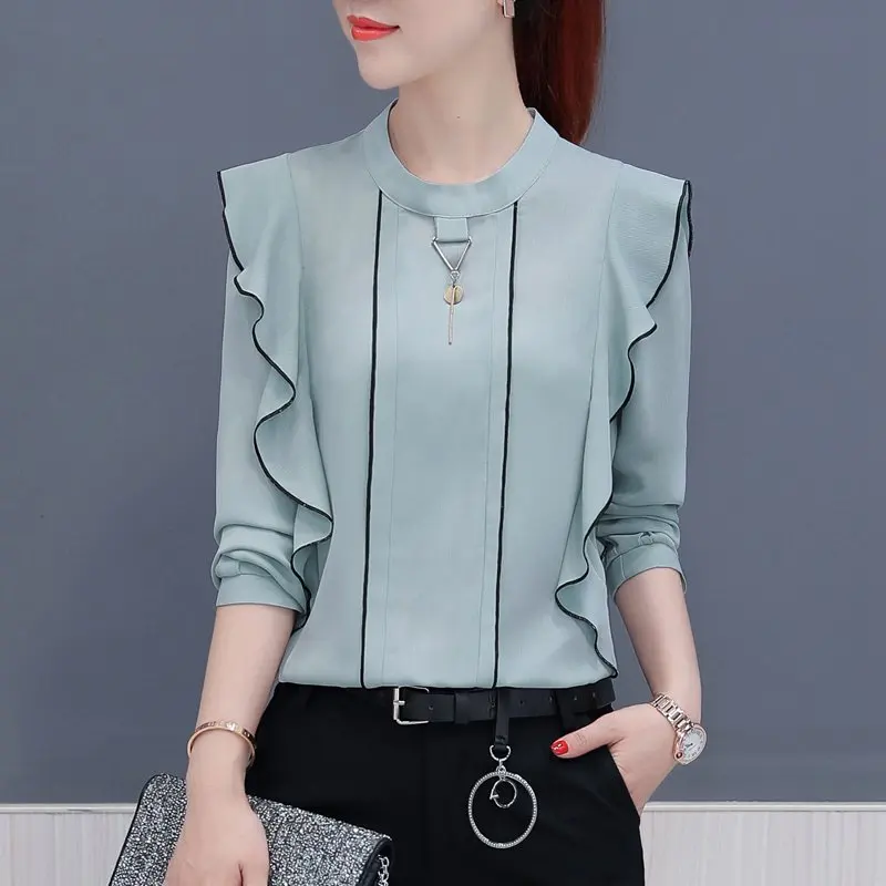 New 2017 Autumn Women Tops Ruffled Long Sleeve Chiffon Blouse Mujer Fashion Ladies Shirts Pink Yellow Khaki Blue Blusa Feminino | Женская