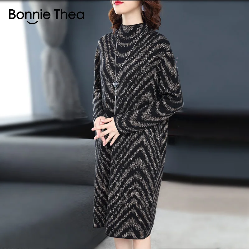 Bonnie Thea, Женское зимнее платье-свитер с высоким воротом, женское элегантное черное вязаное вечернее платье, vestido, женские осенние платья