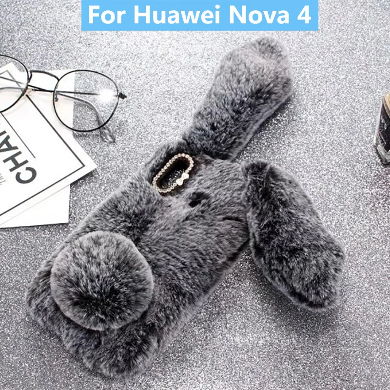 Чехол плюшевый кролик для Huawei Nova 4 мягкий мех милый 3D заячьи уши TPU Алмазный