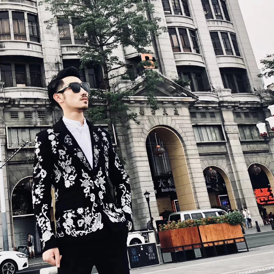 

100%real luxury mens black with white flower embroidery jacket club/stage performance/studio/Asia size/this is only jacket