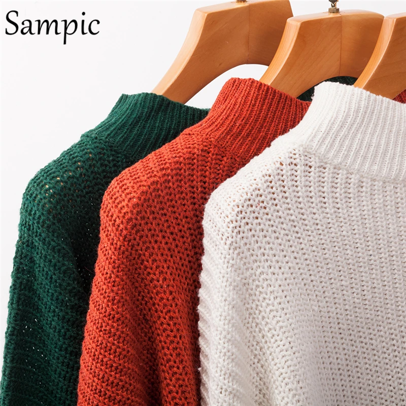 

Sampic women casual lantern sleeve loose pullover sweater winter plus size turtleneck oversized sweater 2019