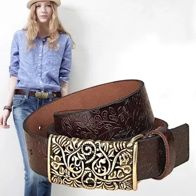 2021 New Arrival Fashion Vintage Belt Woman Casual Genuine Leather Smooth Buckle Hollow Out Wide Waist Belt For Jeans Pants