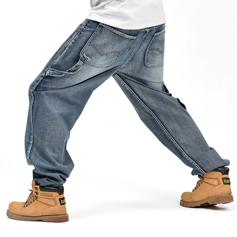 

2019 New Japan Style Brand Mens Straight Denim Cargo Pants Biker Jeans Men Baggy Loose Blue Jeans With Side Pockets Jeans men 46