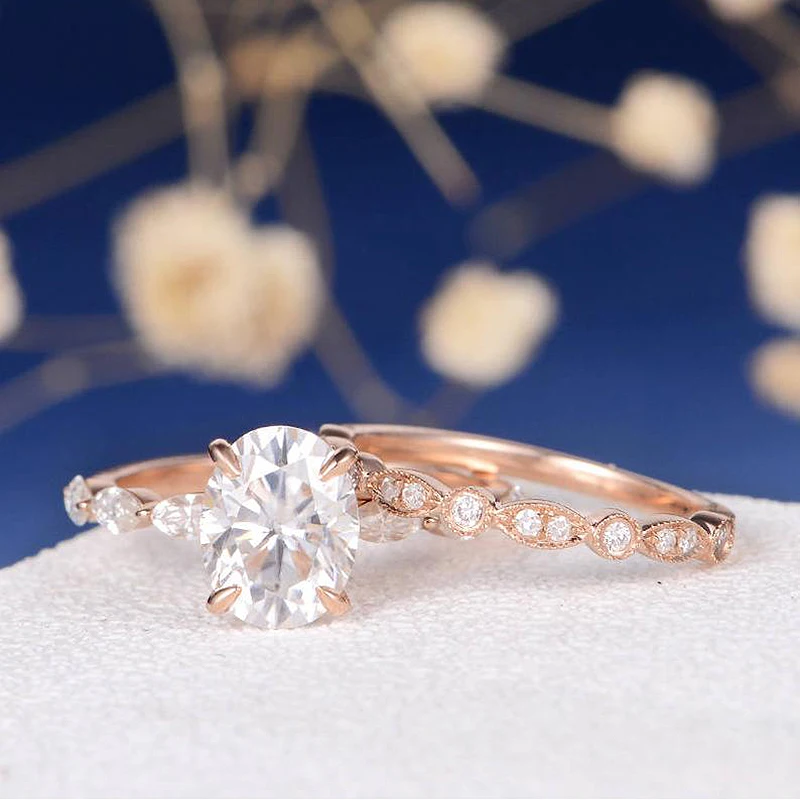 18K розовое золото Moissanite свадебные наборы обручальное кольцо набор центр 1ct овальная огранка боковая маркиза обручальное кольцо женский деко вечность 2 шт