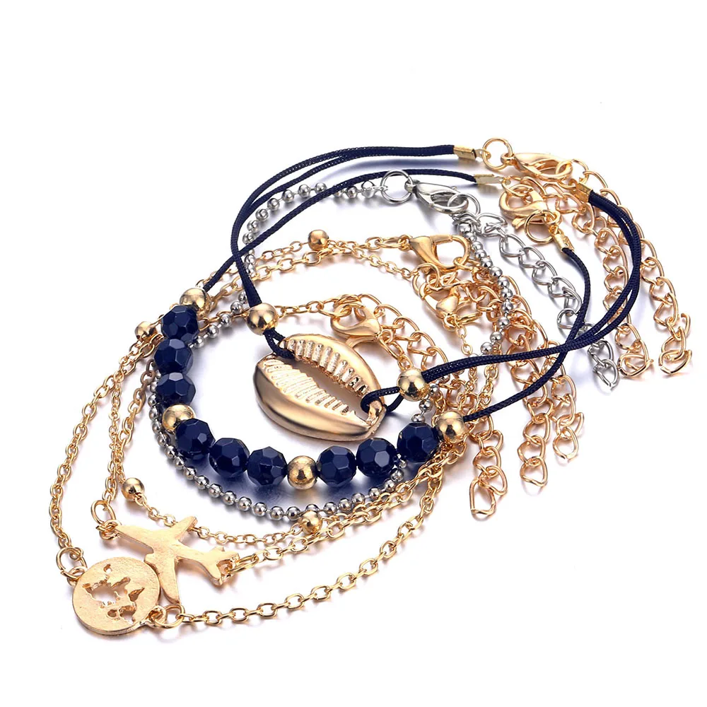FAMSHIN Bohemian Map Stone Beads Charm Bracelets Set For Women Fashion Shell Pineapple Tree Chain Link Bracelet Female Jewelry | Украшения