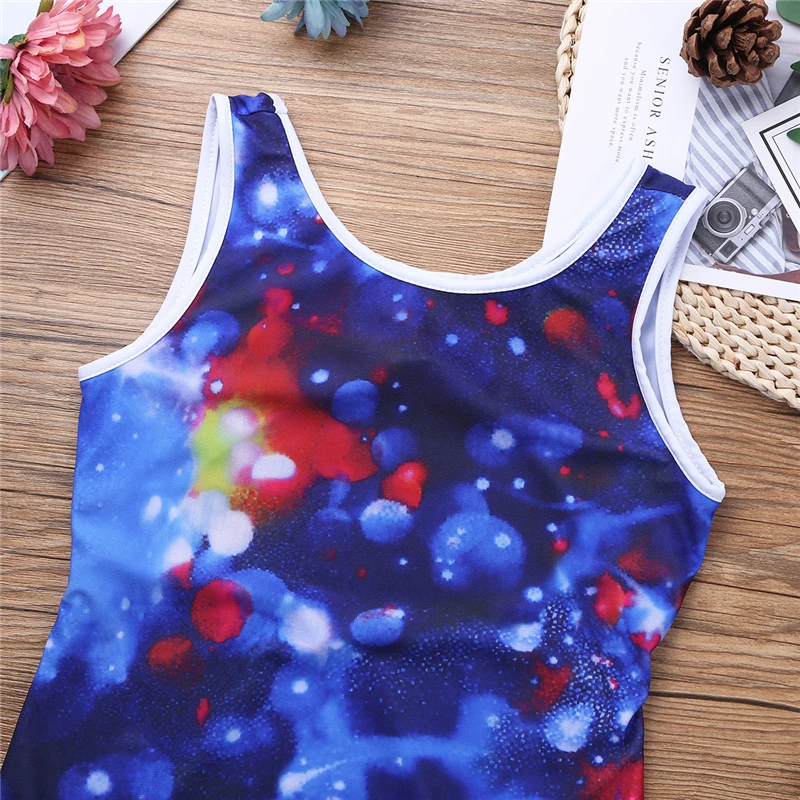 Children gymnastics leotard Dress O-Neck Cutout Back Galaxy holographic printing gymnastic performance Jumpsuit | Детская одежда и
