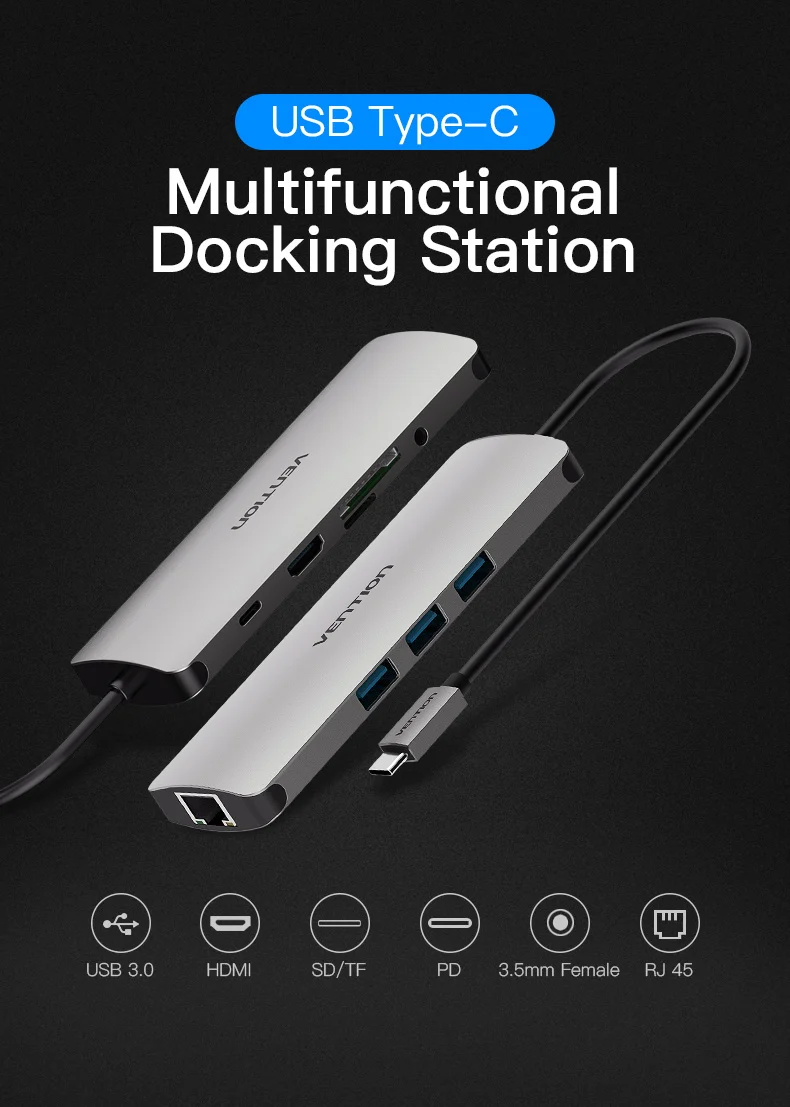 Vention thunderbolt 3 USB-C HDMI VGA конвертер USB3.0 концентратор SD/TF кард-ридер 3,5 мм разъем PD RJ45 адаптер для MacBook type C концентратор