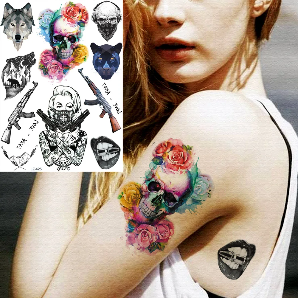 REJASKI Death Skull Gangsta Ak47 Temporary Tattoos For Women Sticker Waterproof Wolf Flower Tatoos Art Wrist Custom Tattoo