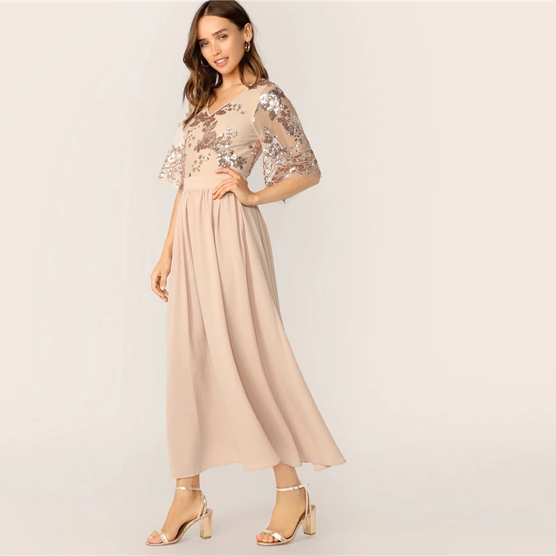 COLROVIE Apricot V Neck Contrast Sequin Mesh Sleeve Flare Party Long Dress Women Summer High Waist Office Ladies Dresses