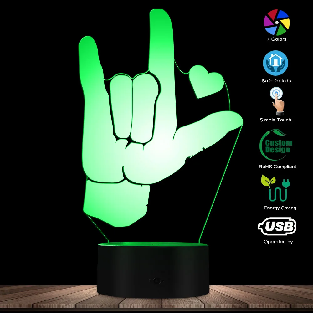 I Love You ASL Американский язык жестов 3D оптический иллюзионный светильник USB современный ночник светящийся светодиодный светильник домашний декор настольная лампа