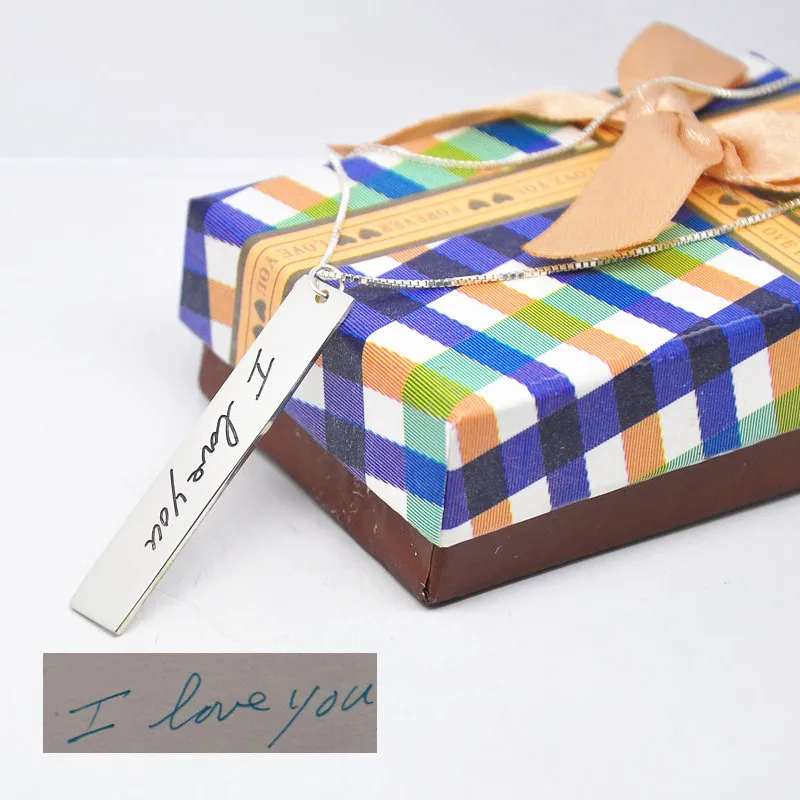 Гравированный почерк Имя тег 925 Твердое серебряное вертикальное ожерелье