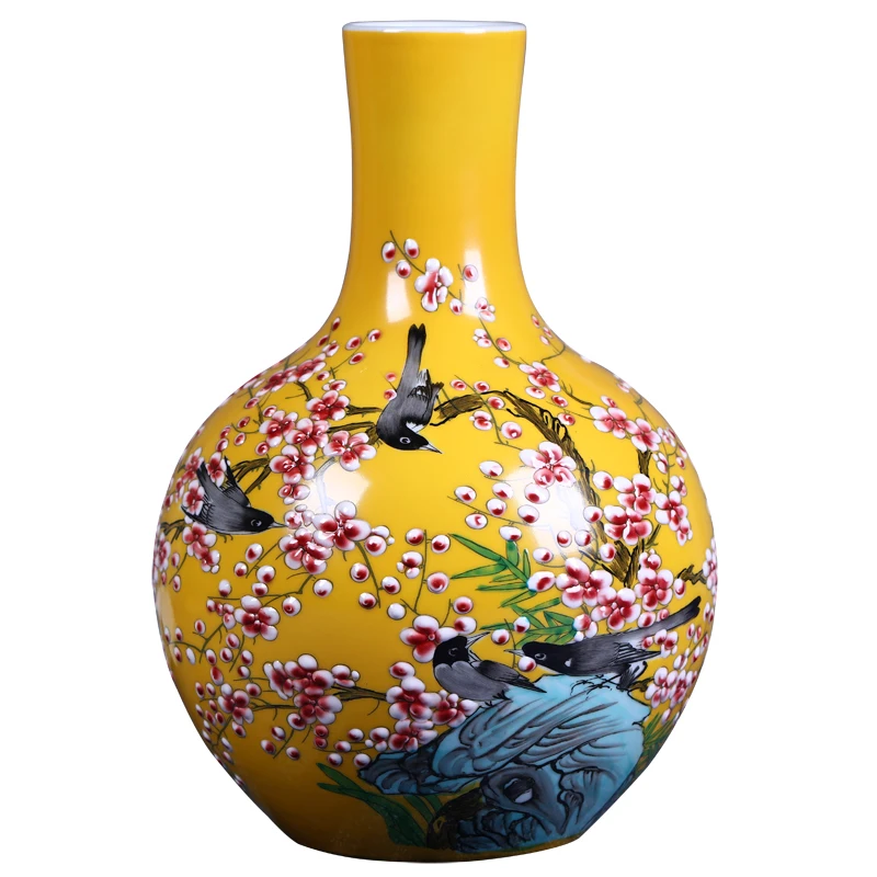 Большая керамическая ваза Цзиндэчжэнь ручная роспись желтой глазурью