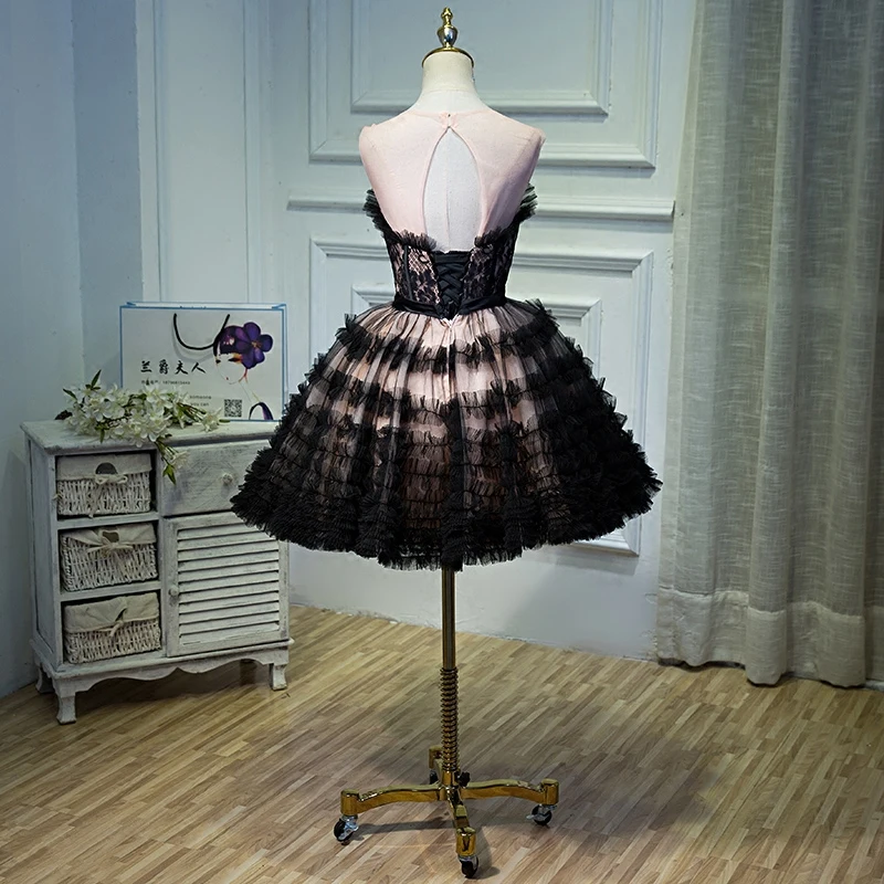 AnXin SH Short style hostess black lace evening dress banquet bow princess fluffy adult sweet | Свадьбы и торжества