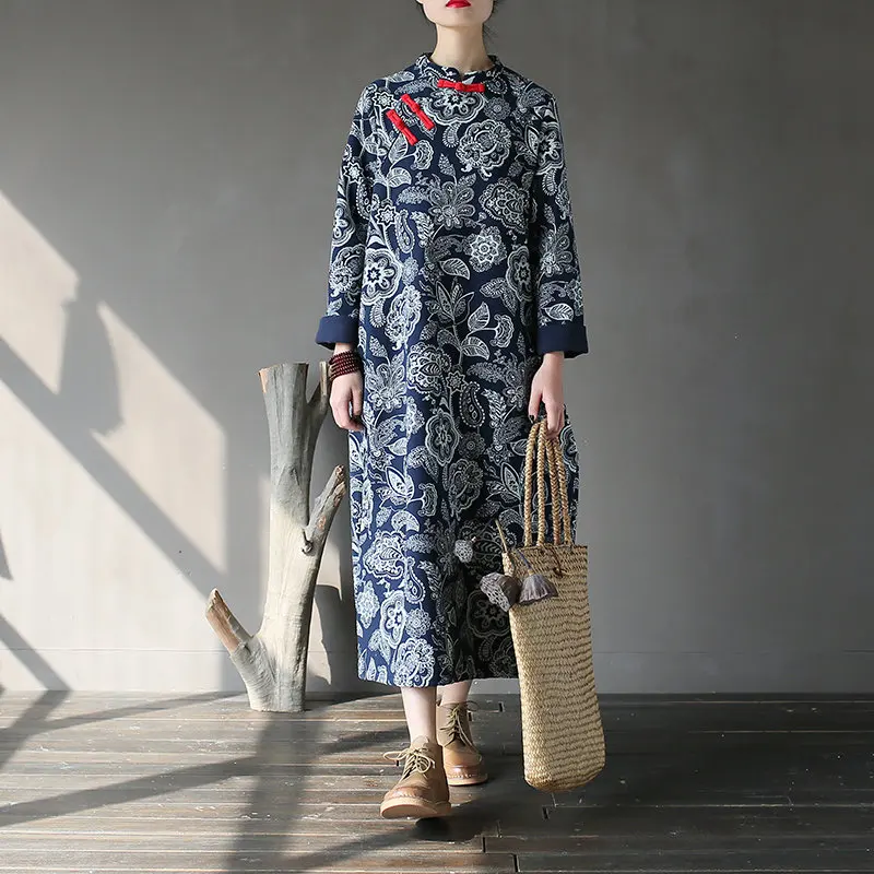 Johnature женское винтажное платье белого и синего цвета в китайском стиле Cheongsam Осень Зима Новое теплое флисовое платье с длинным рукавом